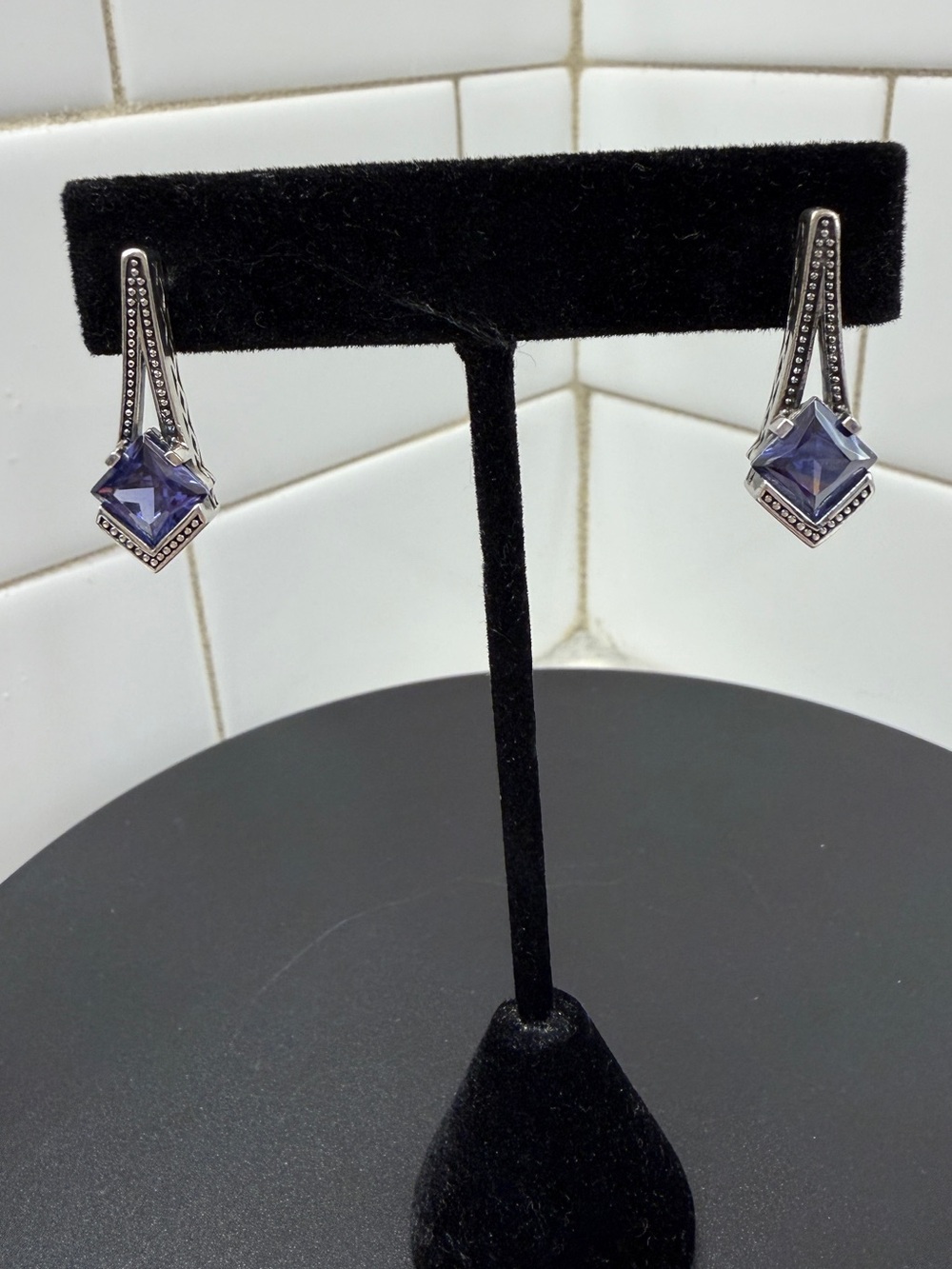Sterling Silver 925 Tanzanite Geometric Drop Earrings